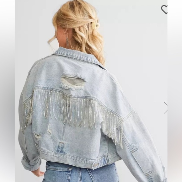 Blue B rhinestone fringe denim jacket, s/m - Picture 1 of 15
